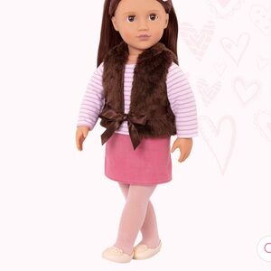 Sienna Outfit with Brown faux fur vest Pink skirt stripe shirt shoes